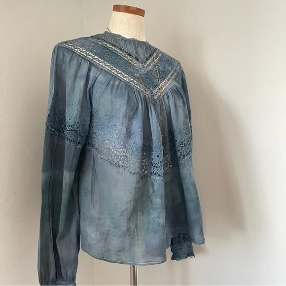 Grunge girly Free People Victorian Abigail hand dyed blue top Small EUC - Picture 2 of 9